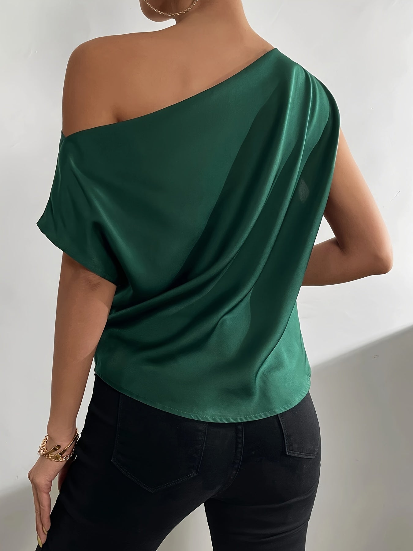 Solid Pleated Slant Shoulder Blouse, Elegant Blouse For Spring & Summer, Women's Clothing