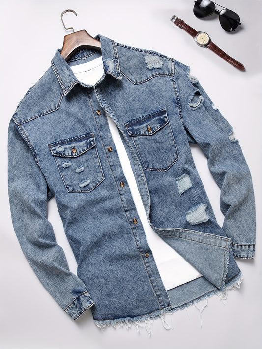 Men's Trendy Ripped Design Casual Button Up Long Sleeve Denim Shirt, Men's Clothes For Spring Summer Autumn, Tops For Men