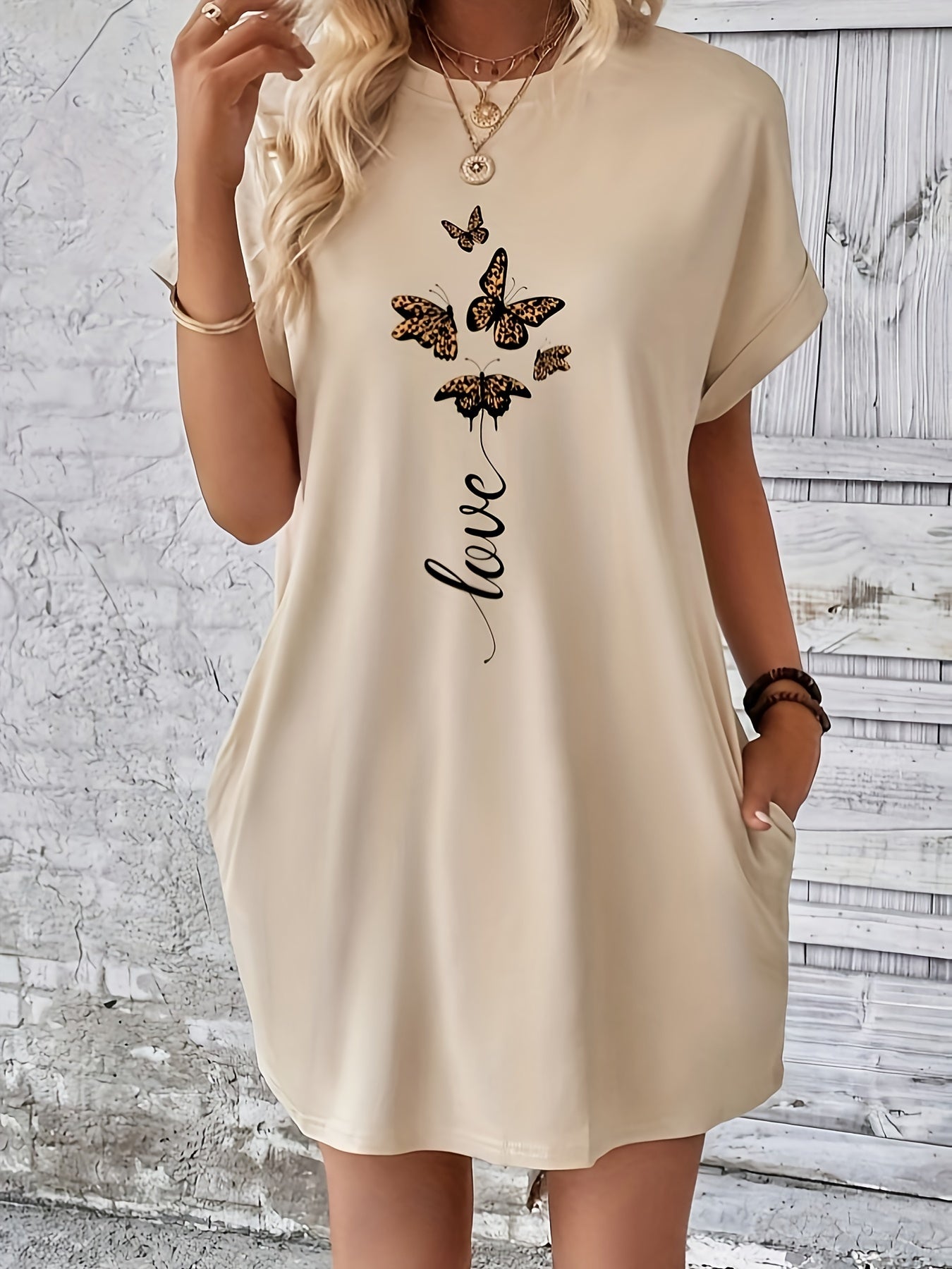 Butterfly & Letter Print With Pocket Dress, Casual Crew Neck Short Sleeve Dress For Spring & Summer, Women's Clothing