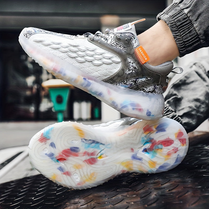 Men's Trendy Street Style Woven Knit Breathable Basketball Shoes, Comfy Non Slip Durable Lace Up Sneakers For Men's Outdoor Activities