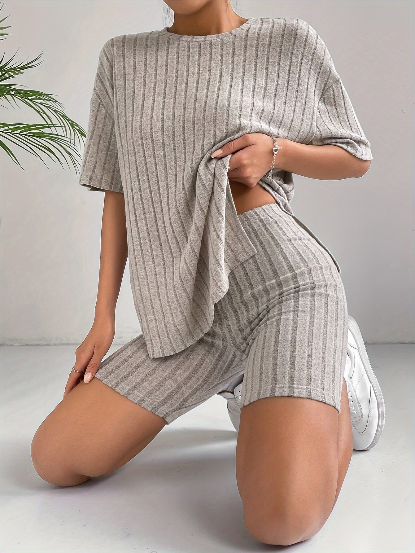 Casual Solid Two-piece Set, Short Sleeve Crew Neck Top & Skinny High Waist Shorts Outfits, Women's Clothing