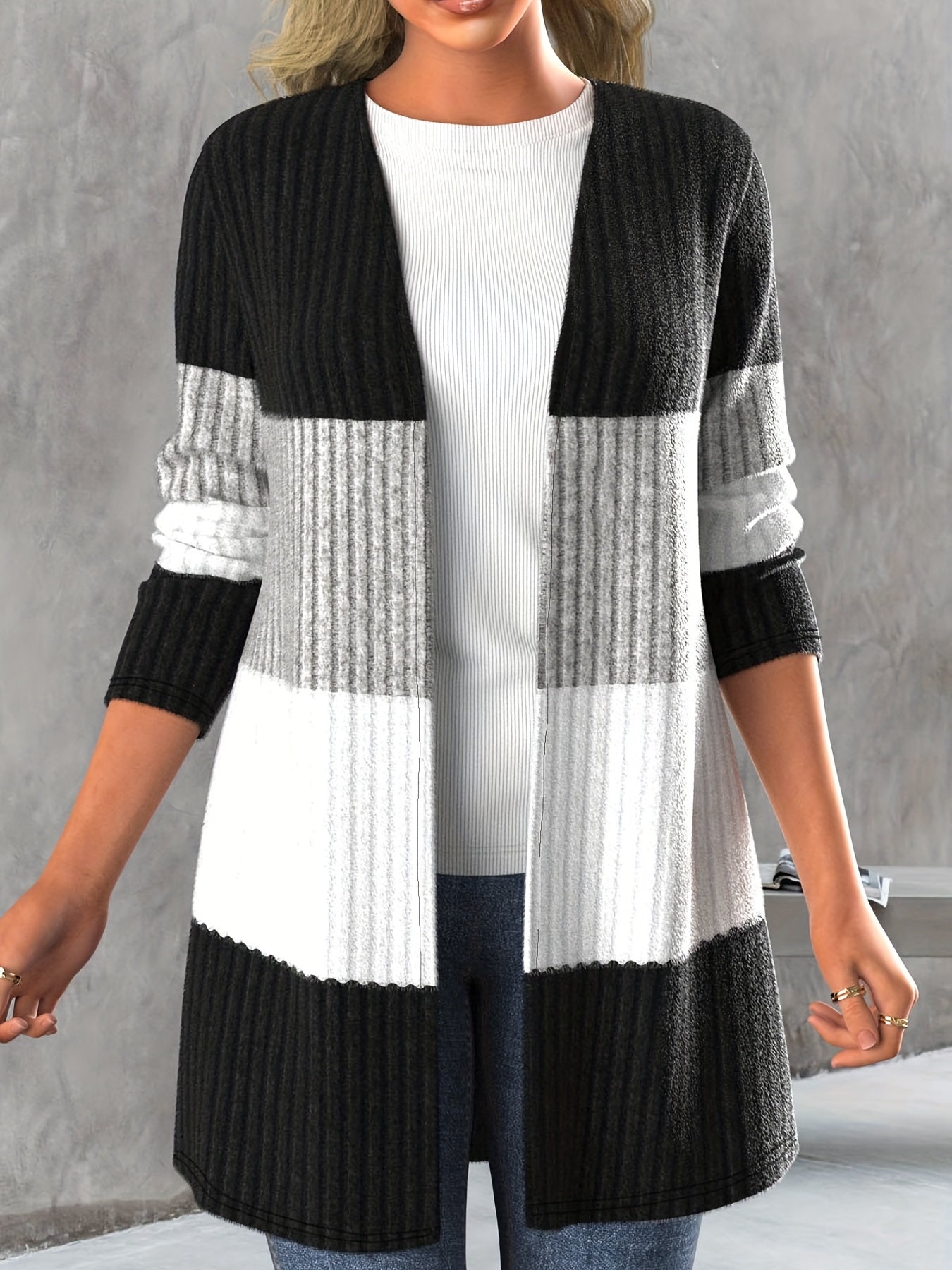 Color Block Open Front Cardigan, Versatile Long Sleeve Knit Outwear For Spring & Fall, Women's Clothing