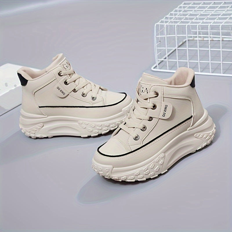 Women's Platform Sneakers, Fashion Round Toe Lace Up High Top Trainers, Comfy Soft Sole Walking Shoes