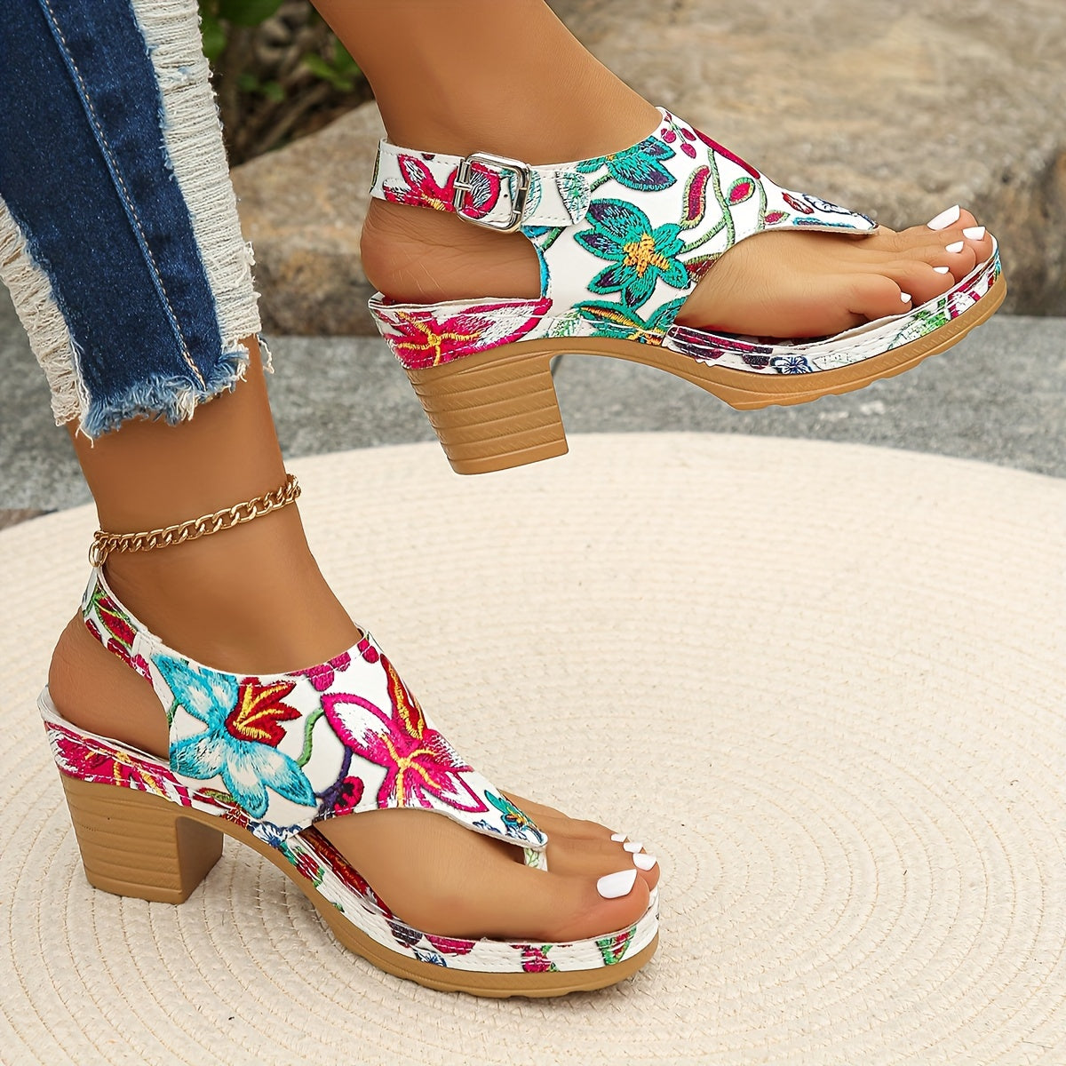 Women's Floral Print Thong Sandals, Fashion Ankle Strap Slingback Block Heels, All-Match Going Out Clip Toe Shoes