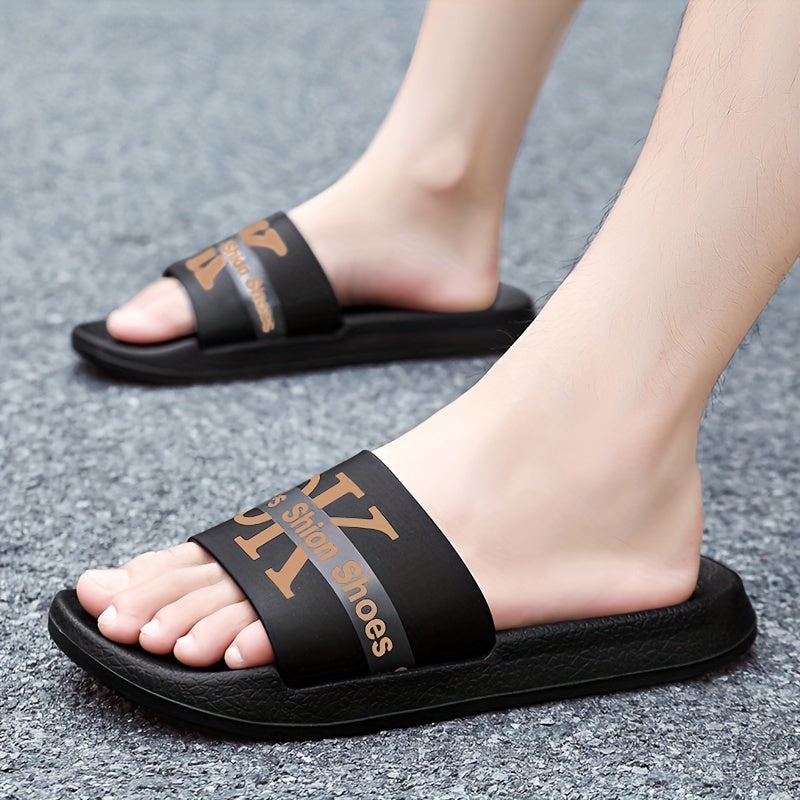 Men's Alphabet Print Fashion Summer Slides, Non Slip Quick-drying Open Toe Slippers For Indoor Outdoor Walking And Shower