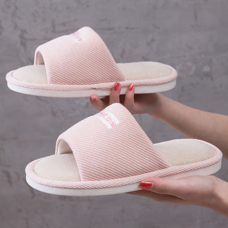 Linen slippers female summer home interior Japanese spring air conditioning anti-slip floor thick bottom four seasons 2019 new