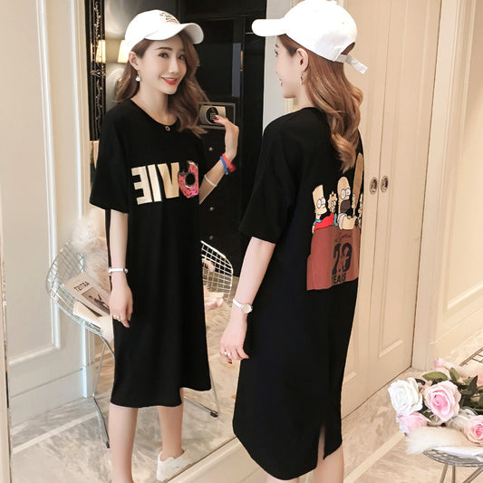 Long estate knee T-shirt skirt female short-sleeved summer 2020 new Korean version of the loose student dress long section