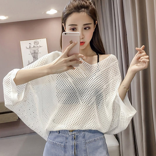 19 spring and summer new hollow sweater bat sleeve loose knit tops V-neck solid color coat large size women's cover shirt