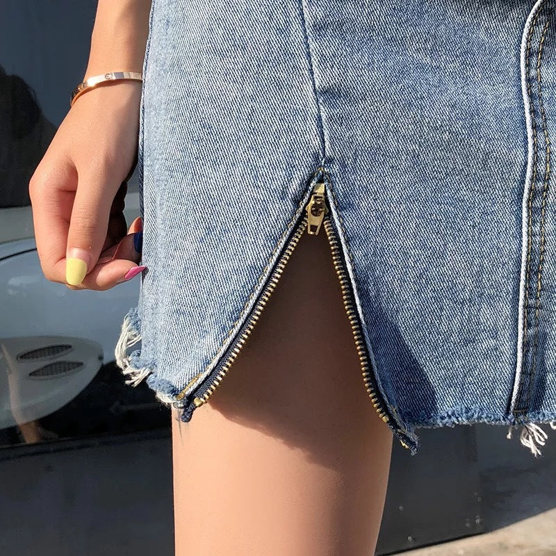 Spring and summer new new denim skirt A word skirt female long short skirt high waist bag hip irregular half-length skirt