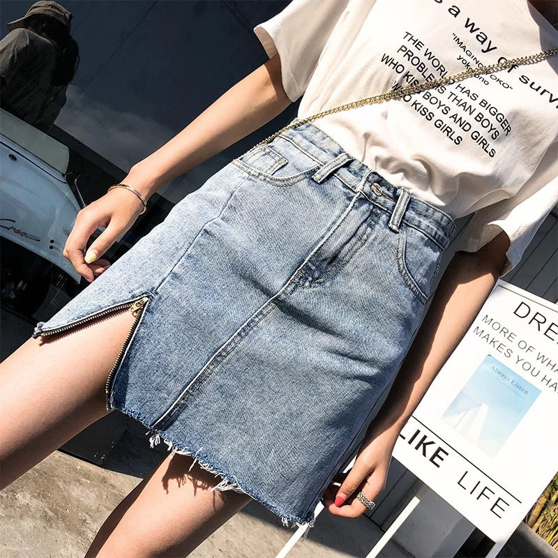 Spring and summer new new denim skirt A word skirt female long short skirt high waist bag hip irregular half-length skirt