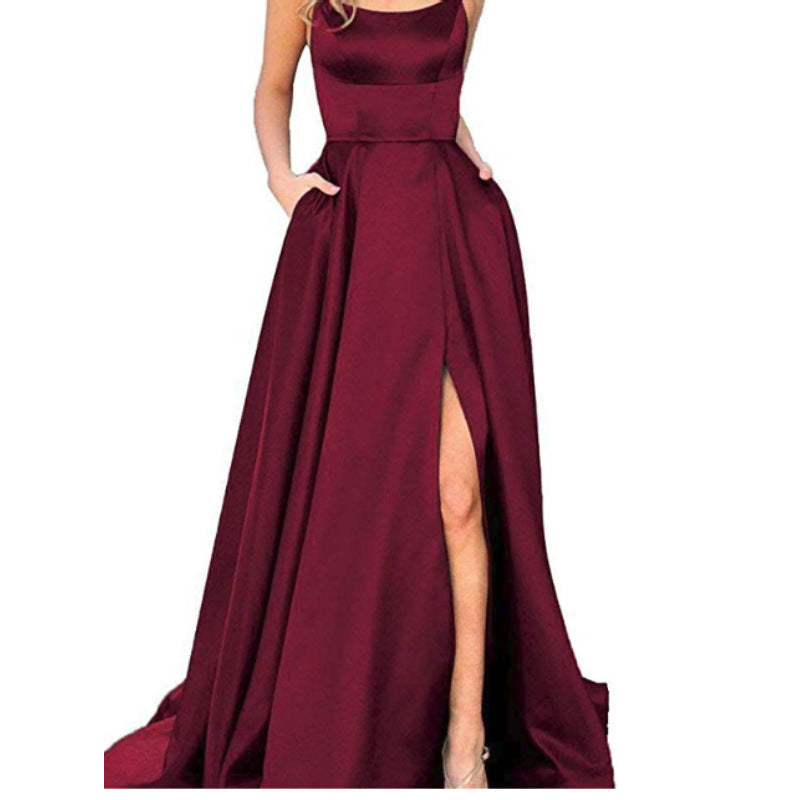 Amazon European station evening dress sexy back hollow see-through satin cloth tail swing front slit dress female