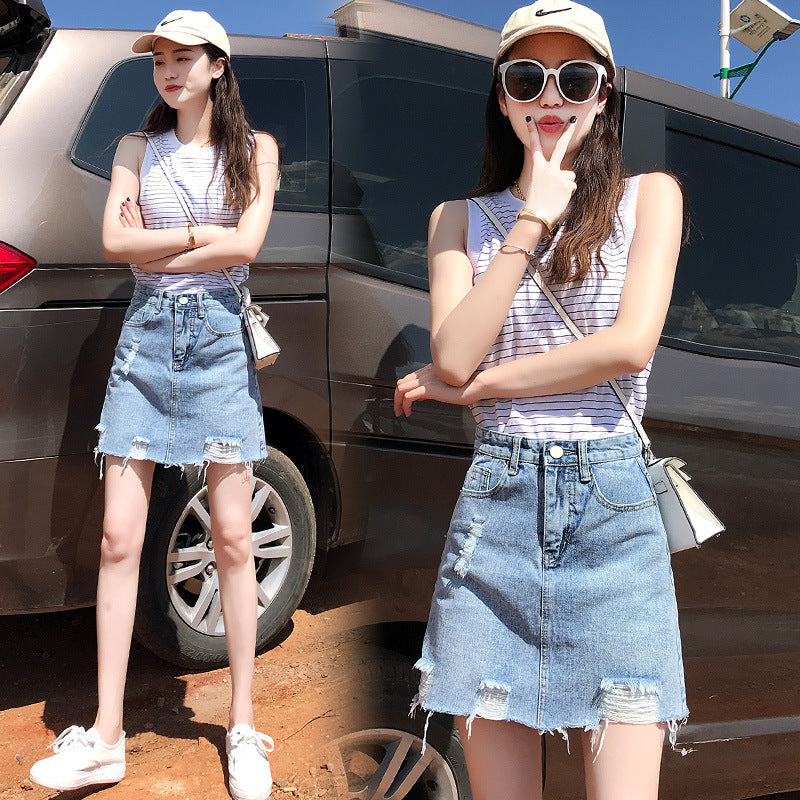 High waist hole half-length denim skirt female 2021 summer new A word skirt Chic Korean version of the wild skirt hip girl