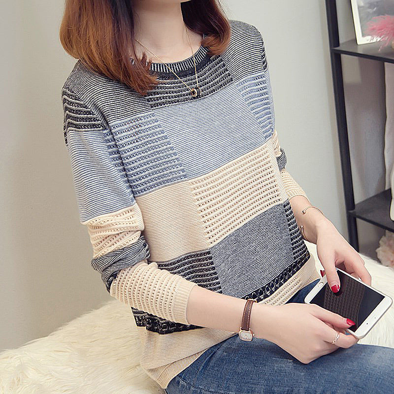 Opened female spring, autumn new Korean version of the color matching loose striped long sleeve bottoming sweater hollow thin section blouse