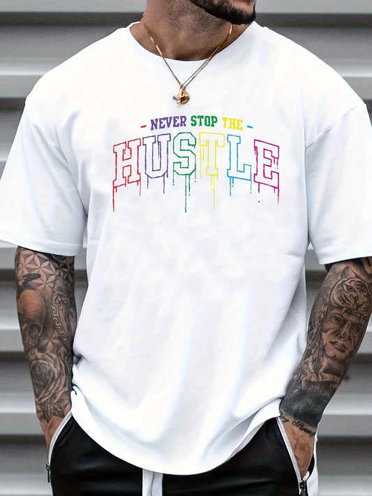 Hustle Print, Men's Graphic Design Crew Neck Niche T-shirt, Casual Comfy Tees Tshirts For Summer, Men's Clothing Tops For Daily Vacation Resorts