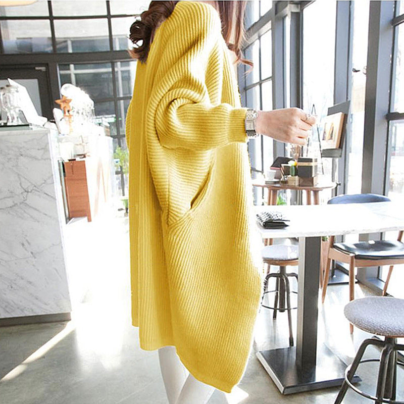 Middle long cardigan women Korean loose bat sleeve sweater autumn new pocket sweater women's jacket