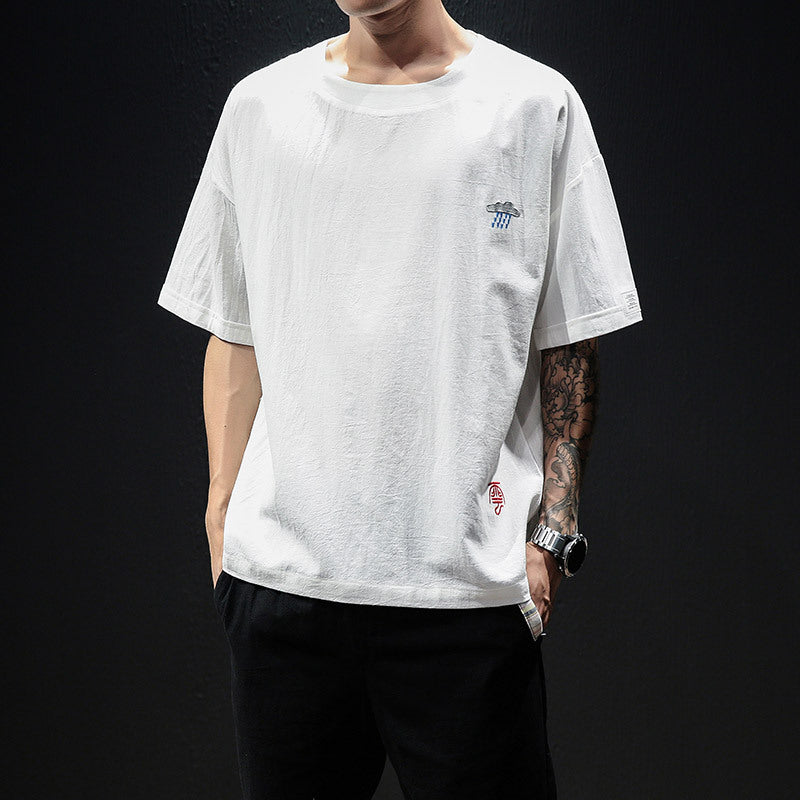 Perth short-sleeved t-shirt male 2021 new summer round neck loose embroidery T-shirt Japanese tide brand large size compassion male