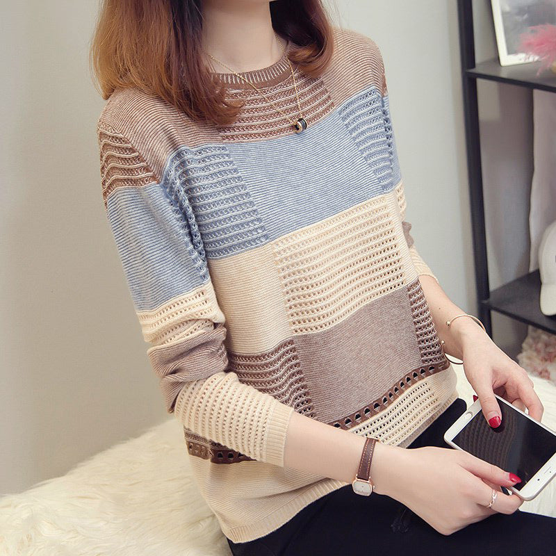 Opened female spring, autumn new Korean version of the color matching loose striped long sleeve bottoming sweater hollow thin section blouse