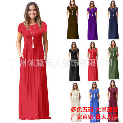 2021 Europe and the United States Foreign Trade Cross-border new Amazon Explosive Short Sleeve Leisure Pocket Dress Long Skirt Women's