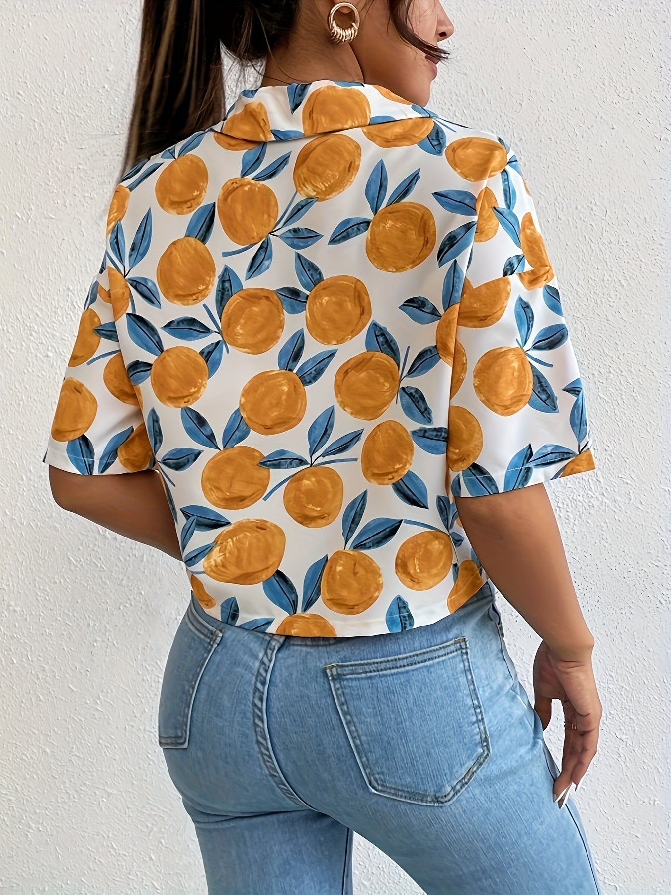 Fruit Print Button Crop Blouse, Casual Short Sleeve Blouse For Spring & Summer, Women's Clothing