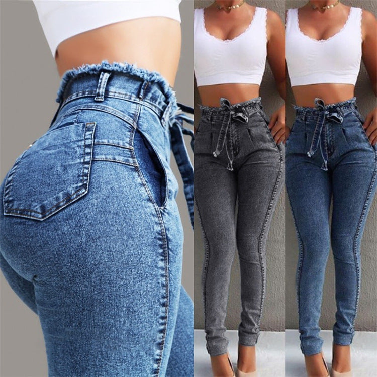 2019wish Amazon eBay hot sale women's jeans slim fit stretch fringed belt high waist jeans women