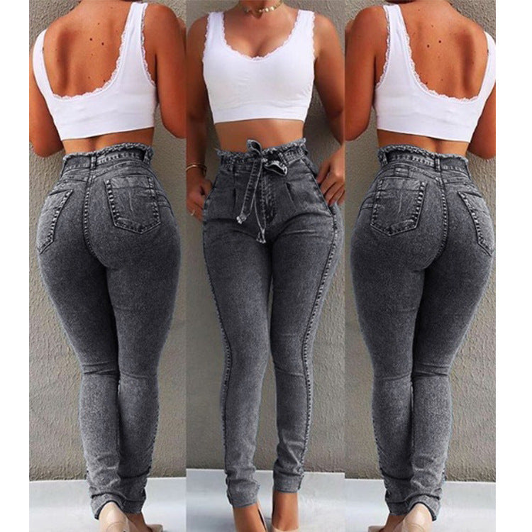 2019wish Amazon eBay hot sale women's jeans slim fit stretch fringed belt high waist jeans women