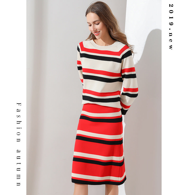 Set of dress spring new small wind striped sweater two-piece set