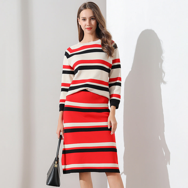 Set of dress spring new small wind striped sweater two-piece set