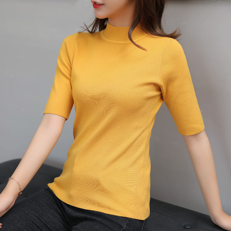 2021 new spring large size women's middle sleeve knit bottoming shirt women half high collar five-point sleeve tape clothes