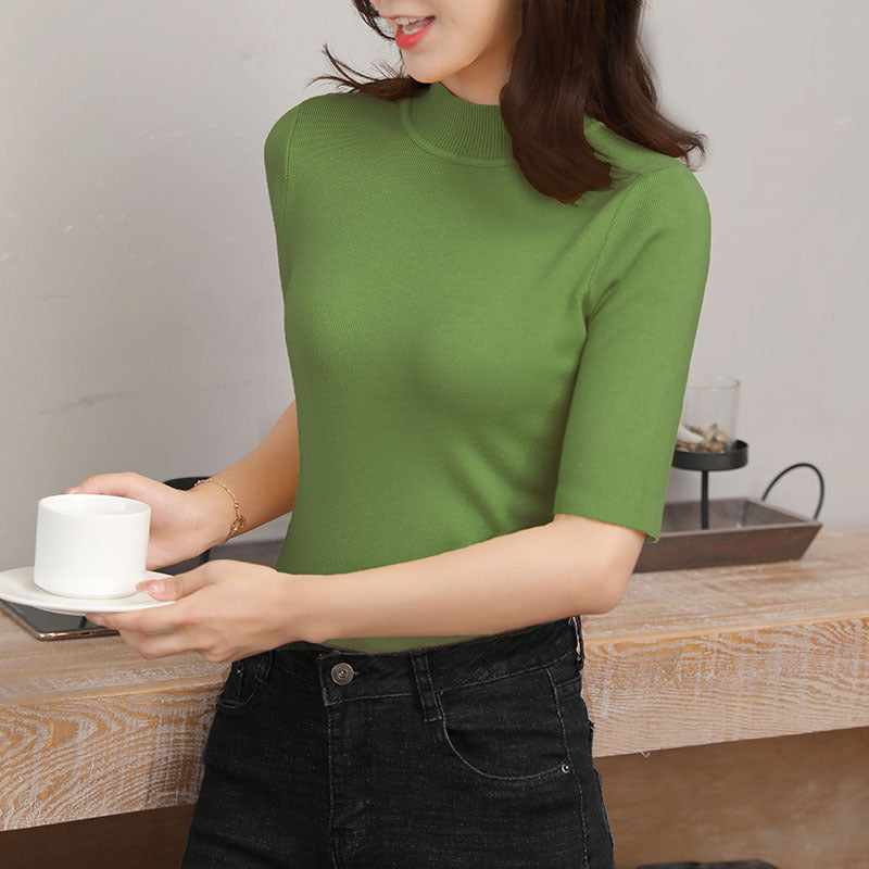 2021 new spring large size women's middle sleeve knit bottoming shirt women half high collar five-point sleeve tape clothes