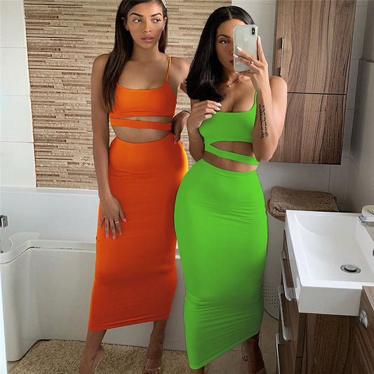 Cross-border ins2021 autumn new women's sling round neck hollow short vest high waist skirt suit