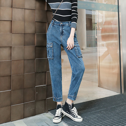 2019 autumn new women's dark nine points jeans handsome multi-pocket cool high waist jeans 2010