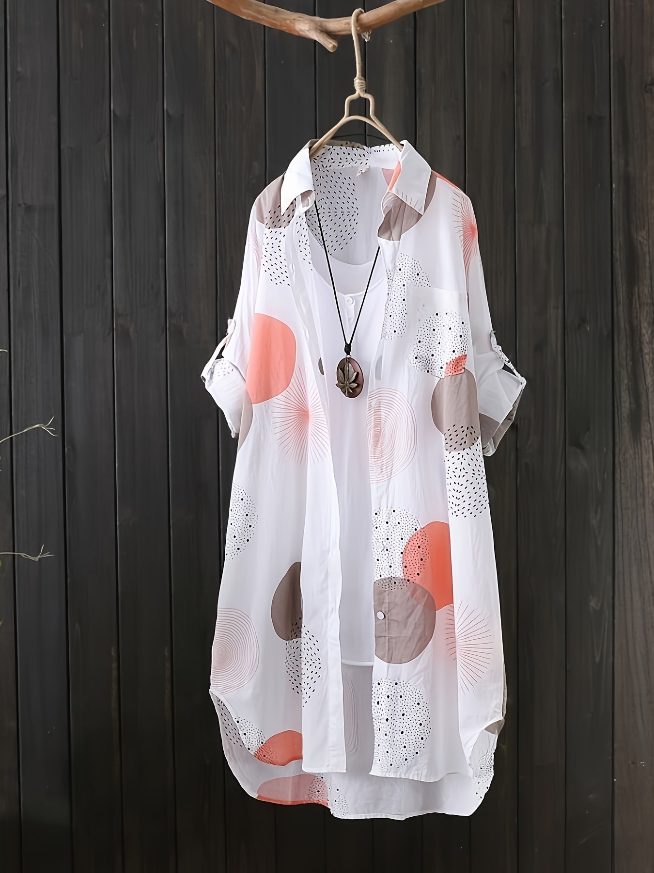 Graphic Print Button Front Shirt, Casual Long Sleeve Lapel Shirt, Women's Clothing