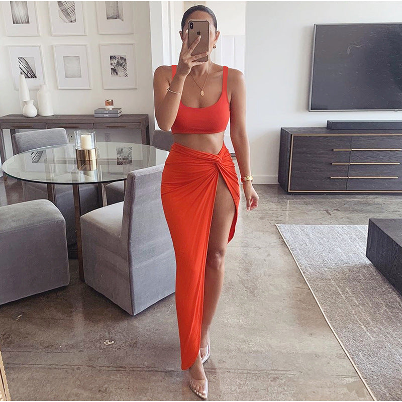 Cross-border European and American sling tube top mid-length solid color high split two-piece female suit autumn female long skirt new