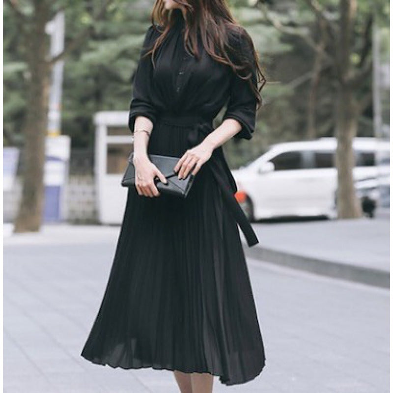 Long Sleeve Pleated Dress 2022 Spring and Autumn New Slim Fit Waist Thin Han Fan Celebrity Temperament Pleated Skirt