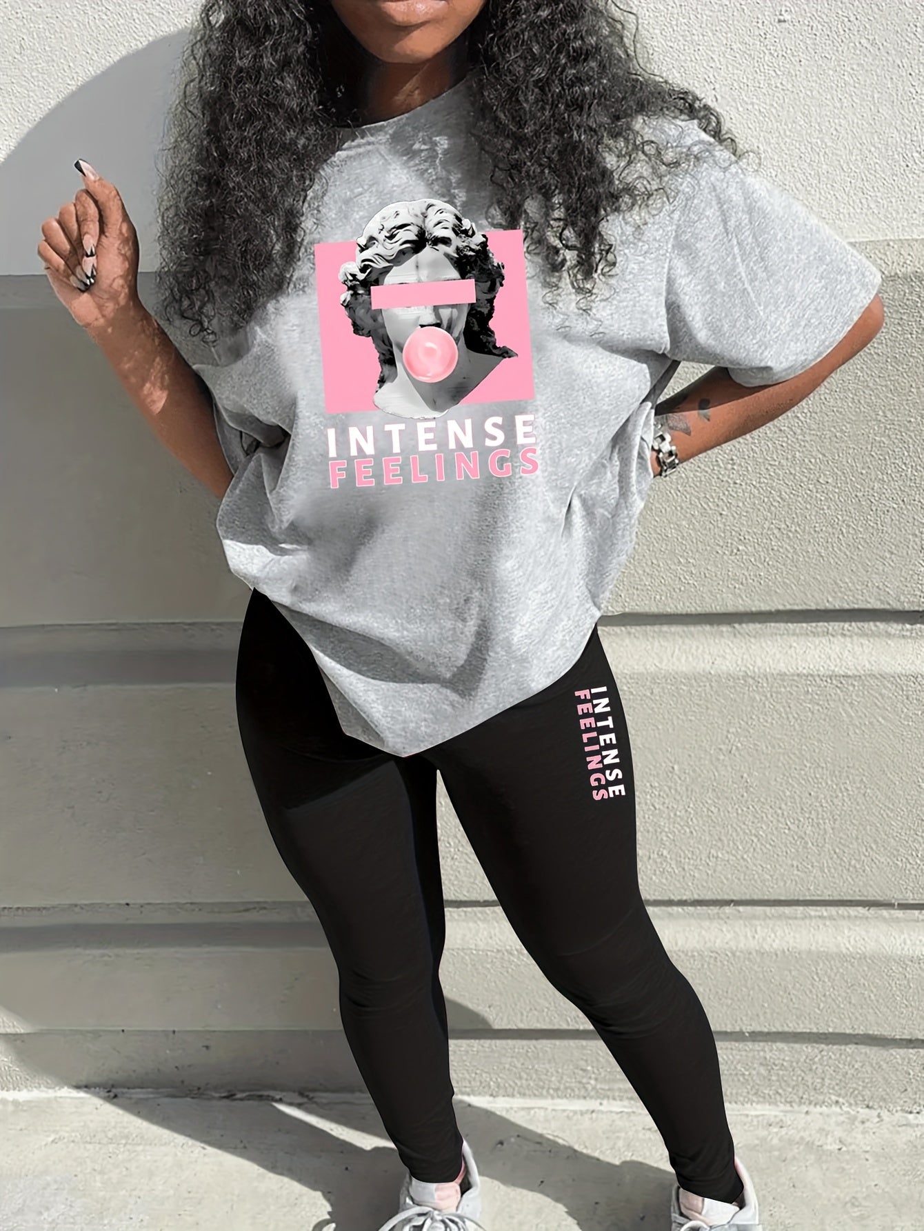 Figure Print Two Piece Set, Short Sleeves T-shirt & Leggings, Women's Clothing