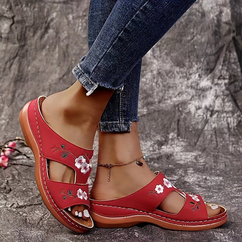 Women's Flower Pattern Wedge Heeled Sandals, Casual Open Toe Summer Shoes, Comfortable Slip On Sandals