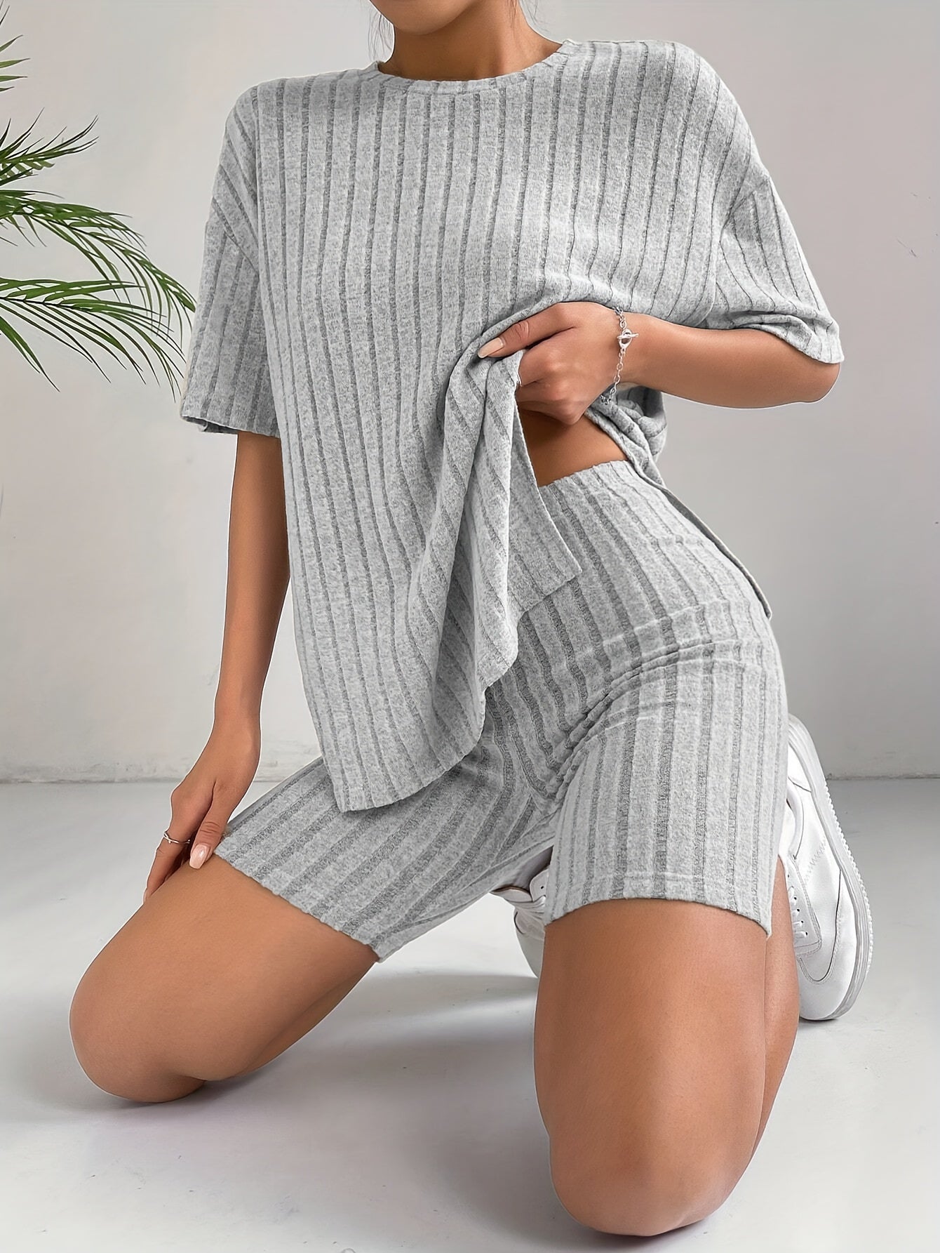 Casual Solid Two-piece Set, Short Sleeve Crew Neck Top & Skinny High Waist Shorts Outfits, Women's Clothing