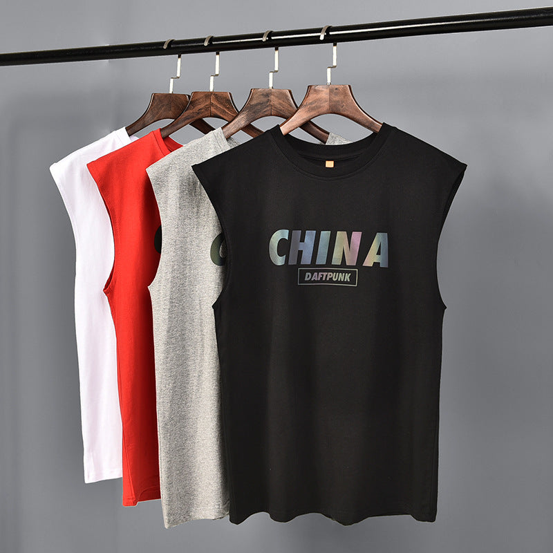 China Chinese print sleeveless T-shirt male 2020 new summer cotton casual sports shoulder vest sweatshirt