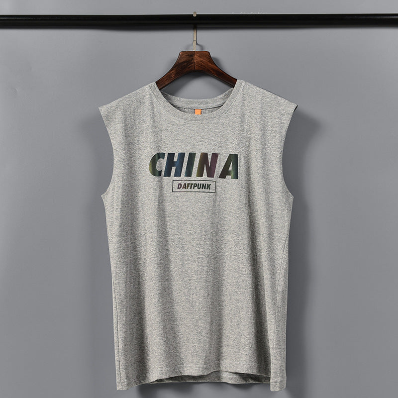 China Chinese print sleeveless T-shirt male 2020 new summer cotton casual sports shoulder vest sweatshirt