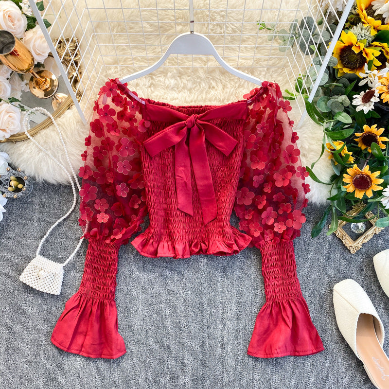 Spring and summer new girl court wind shawl super fairy sweet three-dimensional mesh shoulder bubble sleeve short small shirt tide