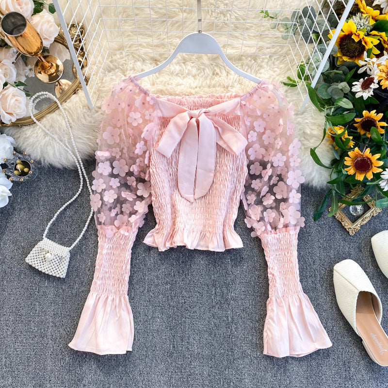 Spring and summer new girl court wind shawl super fairy sweet three-dimensional mesh shoulder bubble sleeve short small shirt tide