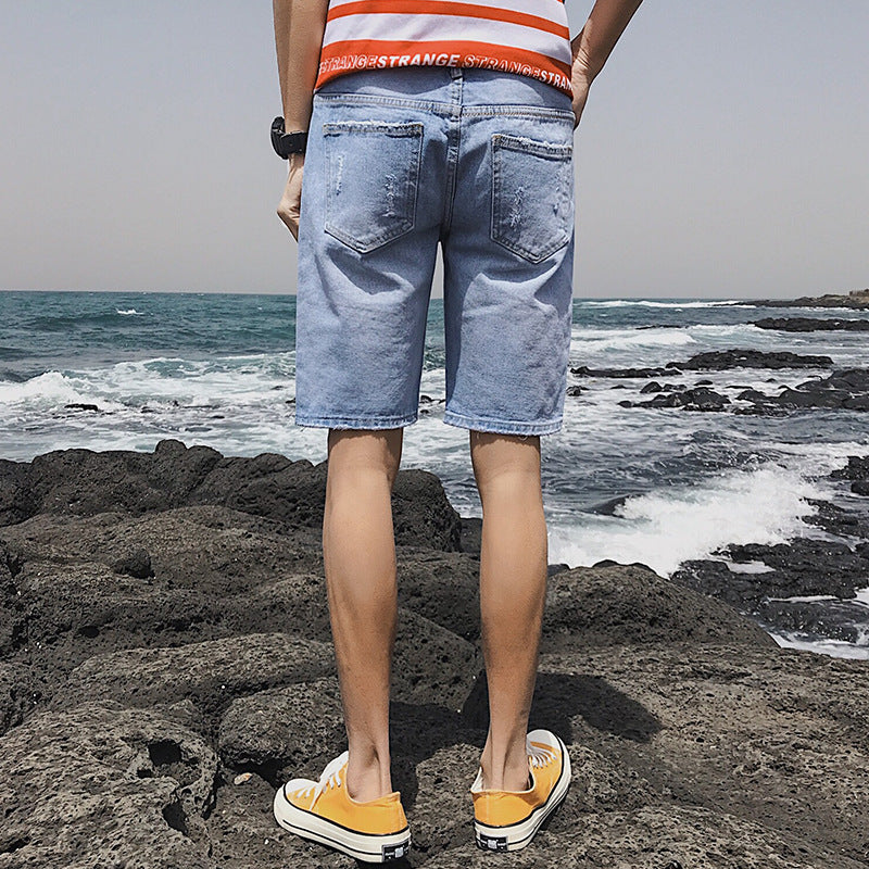 Summer Personality Cowboy Shorts Korean version of the body slim big broken fashion trend five points denim short pants