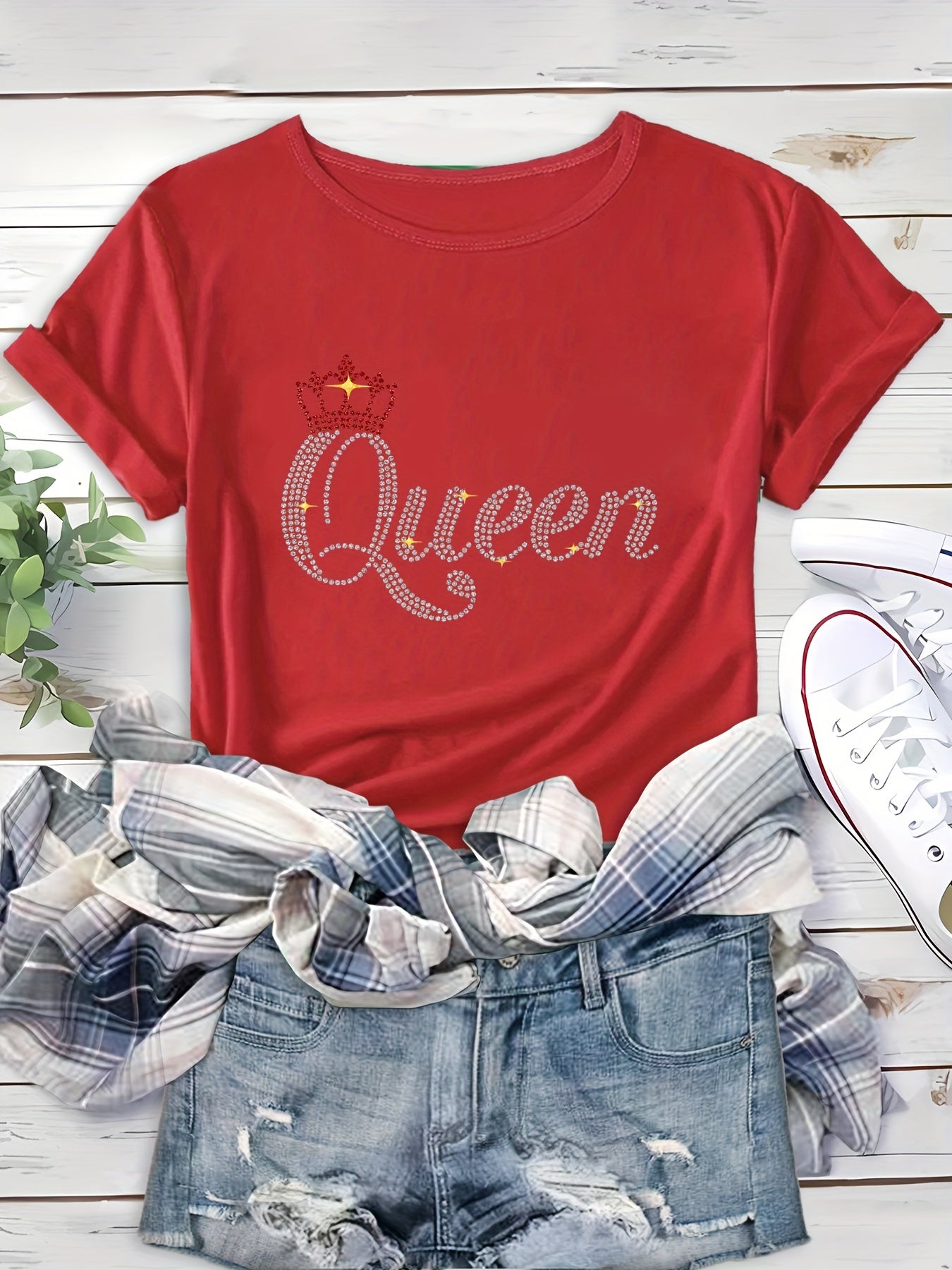 Maglia Sportiva Da Corsa Con Stampa Lettera Regina Di Strass, Comoda Con Collo A Giro, Top Casual Per Tutti I Giorni, Abbigliamento Sportivo Da Donna