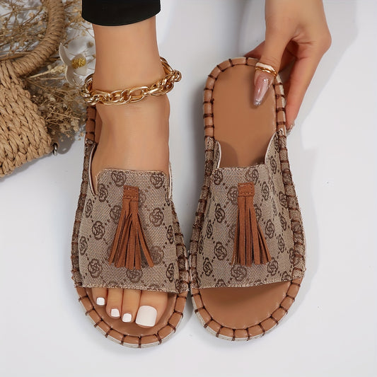 Women's Rose Pattern Flat Slides, Tassel Decor Peep Toe Espadrille Sole Shoes, Casual Summer Outdoor Slide Sandals