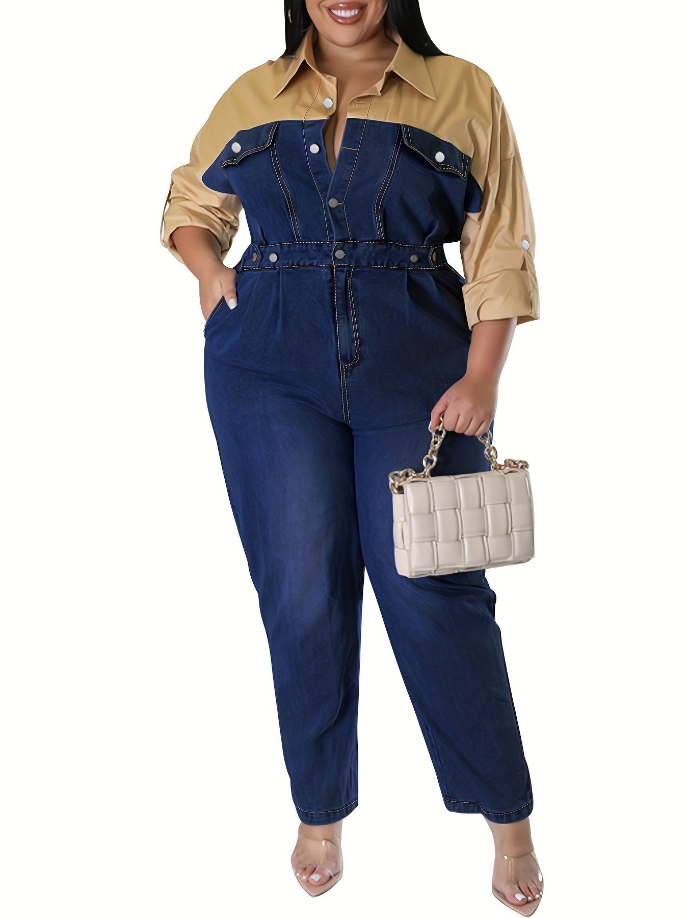 Plus Size Casual Jumpsuit, Women's Plus Colorblock Button Up Turn Down Collar Long Sleeve Nipped Waist Denim Jumpsuit