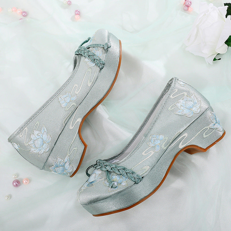 Rainhe original new embroidered shoes female ancient wind Hanfu shoes high heel elevation shoes with Hanfu China style shoes