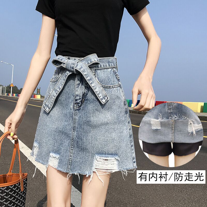 High waist hole half-length denim skirt female 2021 summer new A word skirt Chic Korean version of the wild skirt hip girl