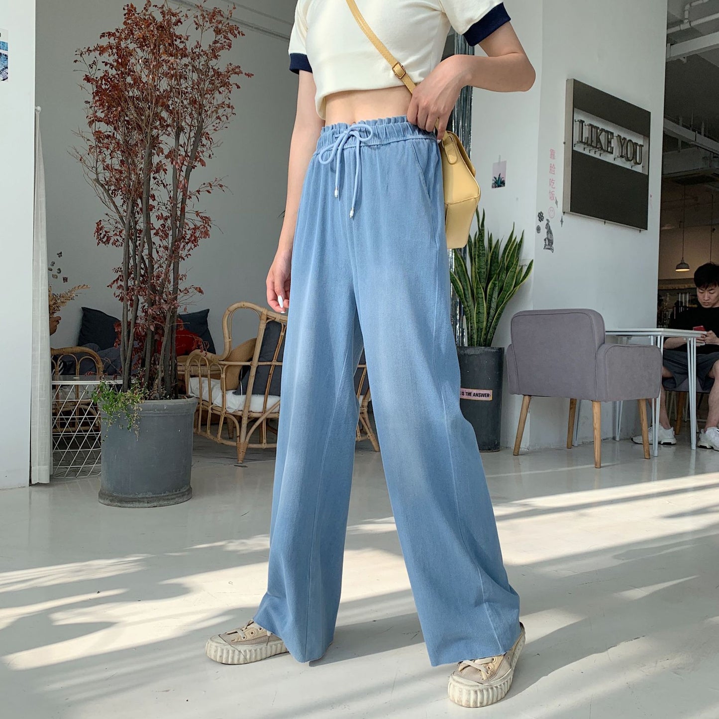 Spot 2021 summer Korean cowboy wide legs women's day silk denim trousers ice silk high waist vertical sect