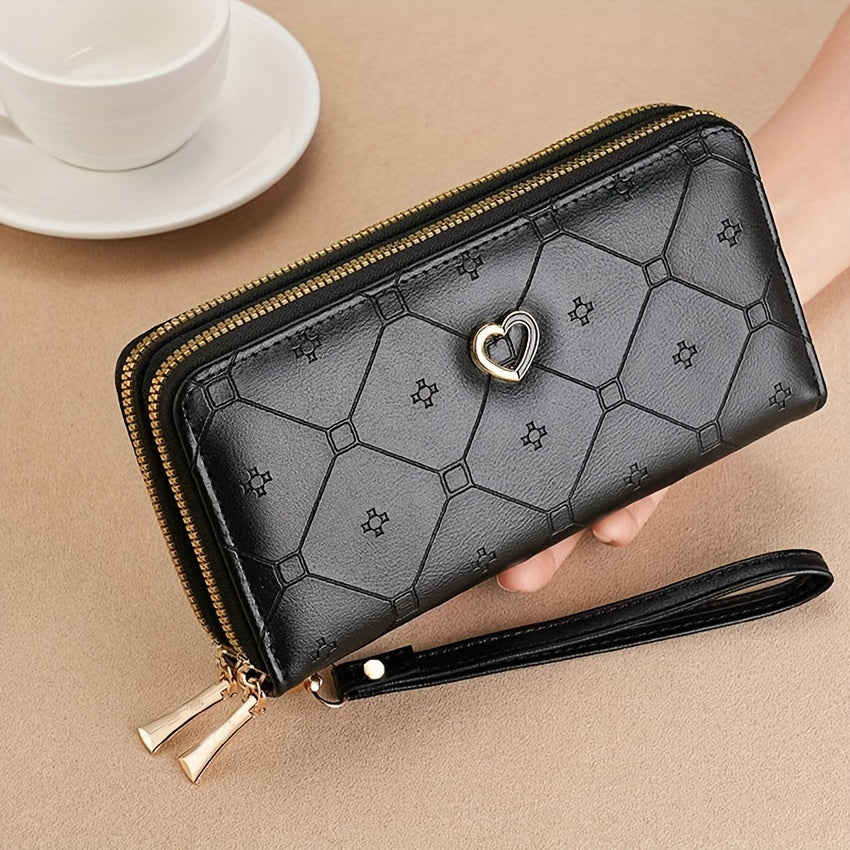 Women's Wallet With Double Zippers, Large Capacity Classic Fashion Clutch Wallet, Solid Color With Geometric Pattern Purse