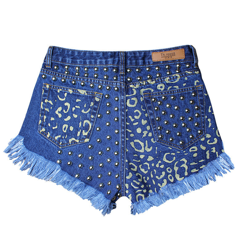 hot sale ripped loose high waist rivet denim shorts printed pants supply